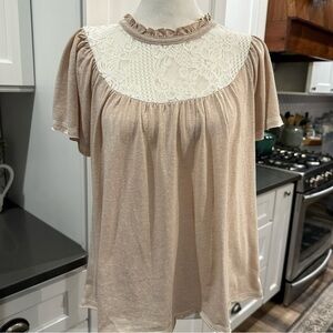 Hem & Thread Lace Bib Collar Short Sleeve Granny Core Peasant Prairie Top Size S